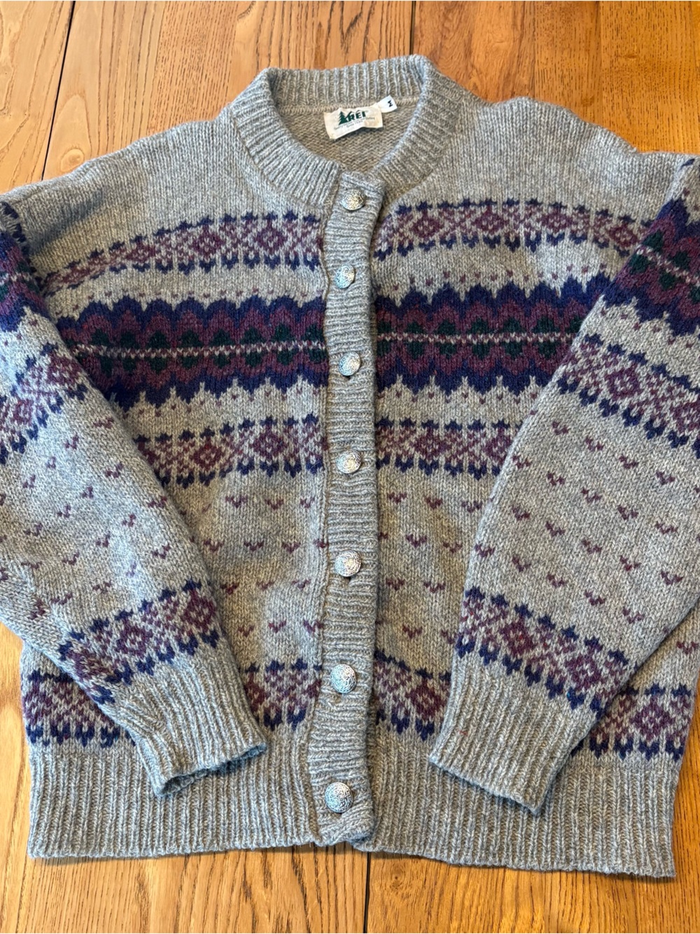 REI Gray Fair Isle Button-Front Cardigan with Navy and Plum Accents